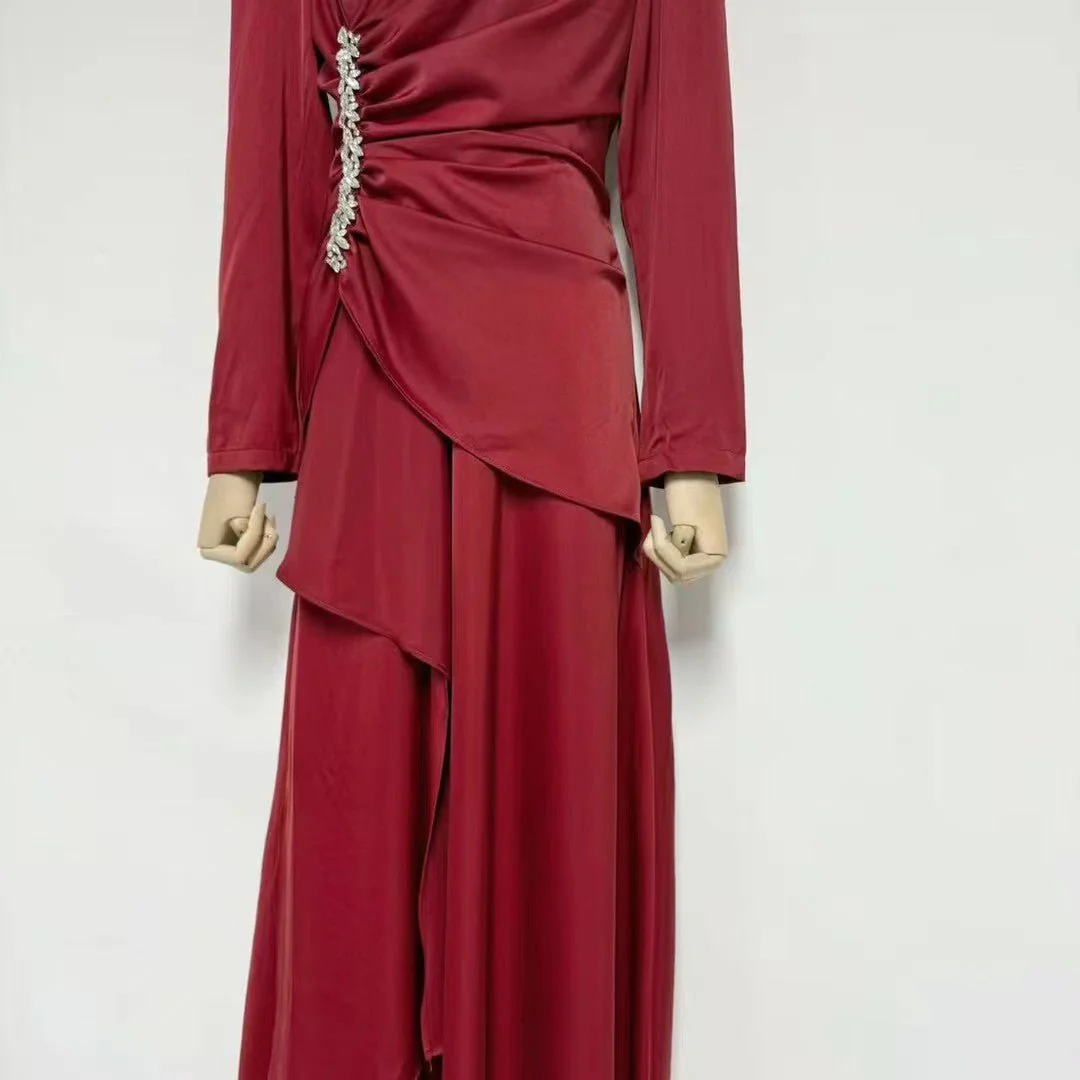 Crystal-Embellished Ruched Dress with Asymmetric Ruffle Skirt(MS346) - Image 5