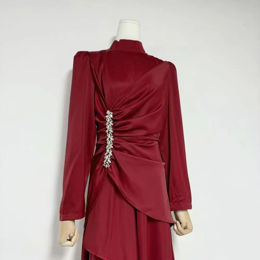Crystal-Embellished Ruched Dress with Asymmetric Ruffle Skirt(MS346) - Image 6