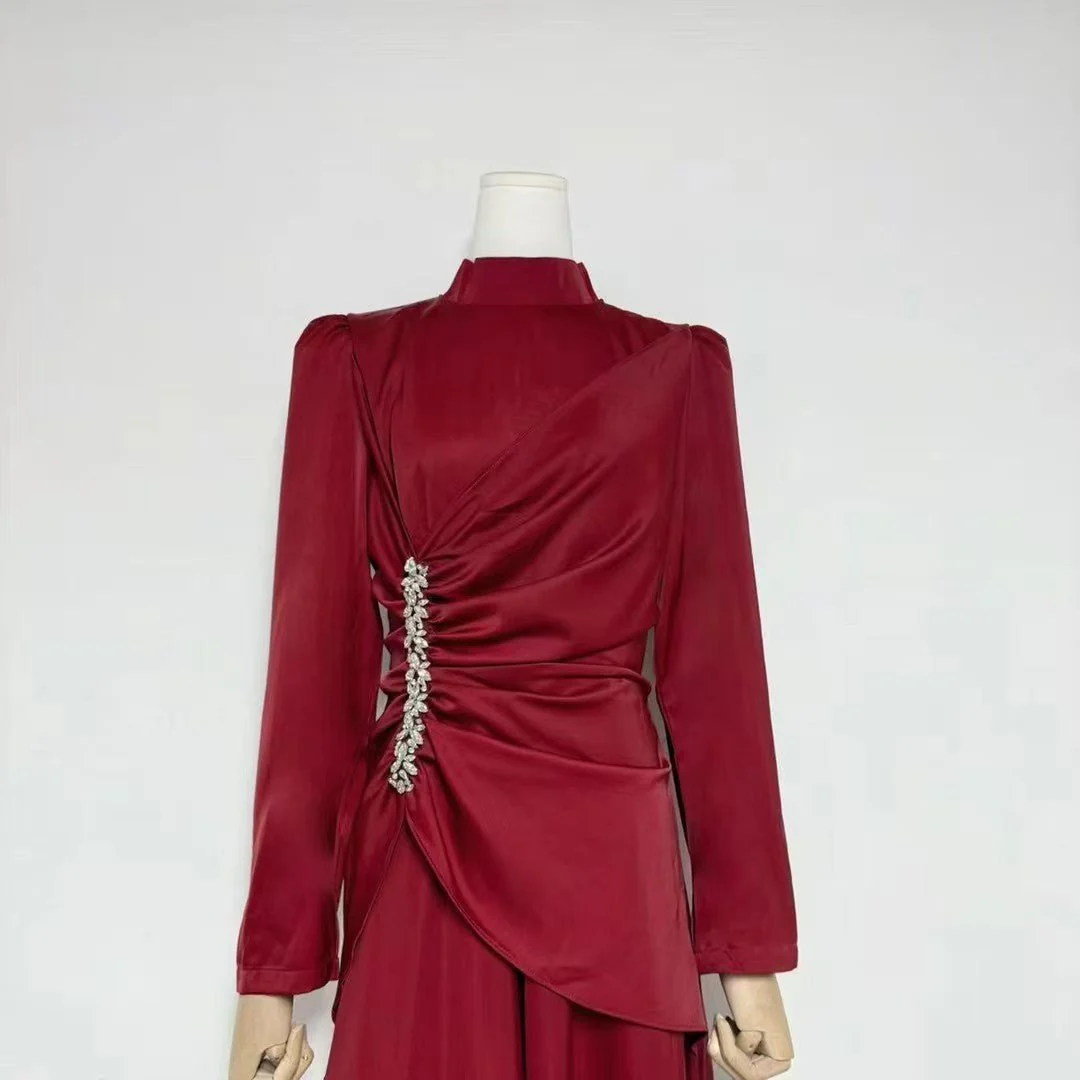 Crystal-Embellished Ruched Dress with Asymmetric Ruffle Skirt(MS346) - Image 7