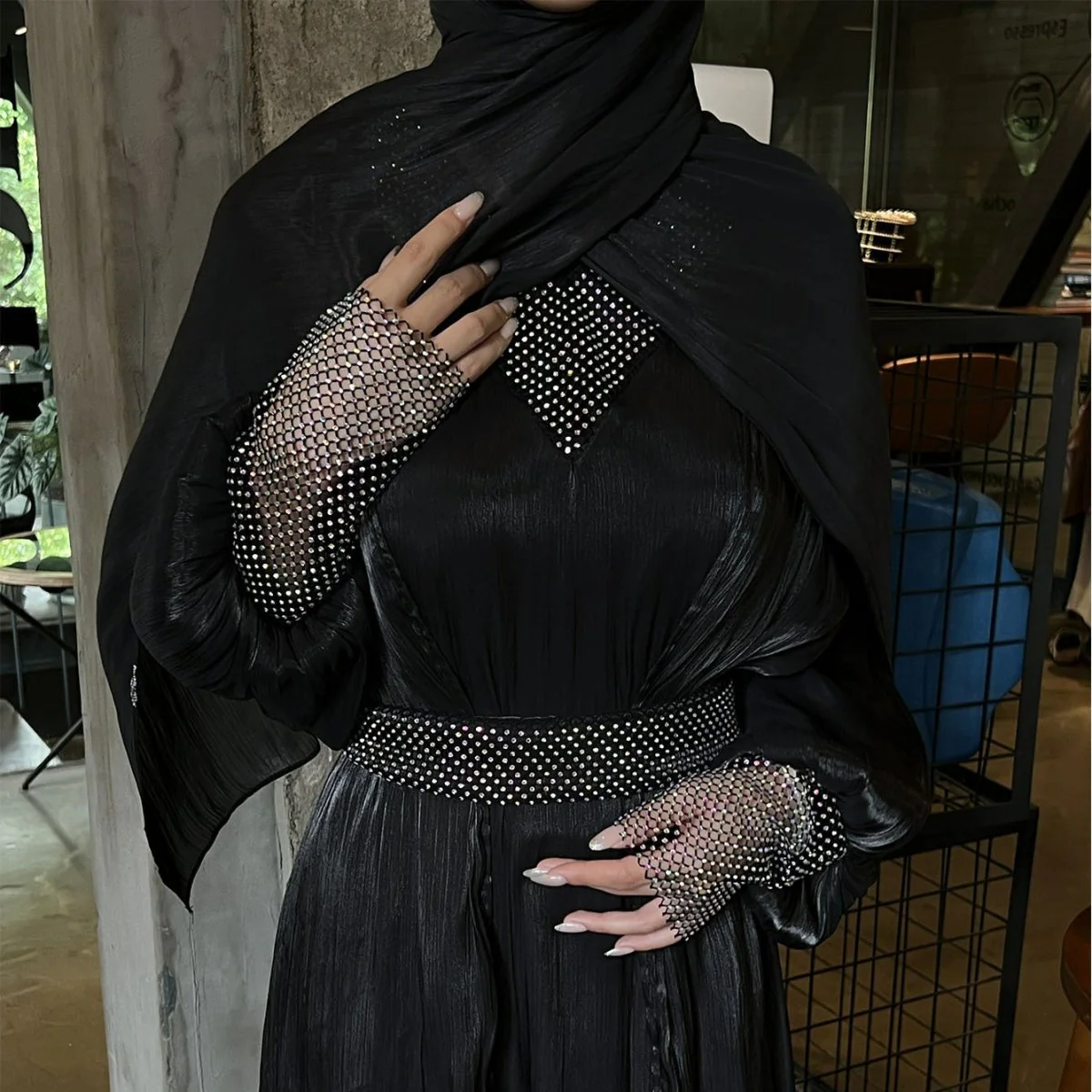 Crystal Mesh Embellished Abaya Set(MOA258) - Image 11