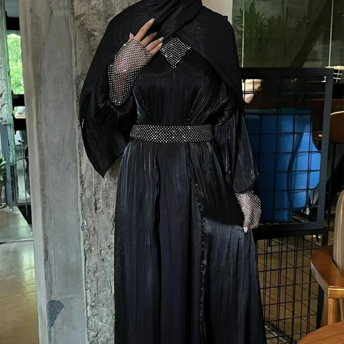 Crystal Mesh Embellished Abaya Set(MOA258) - Image 12