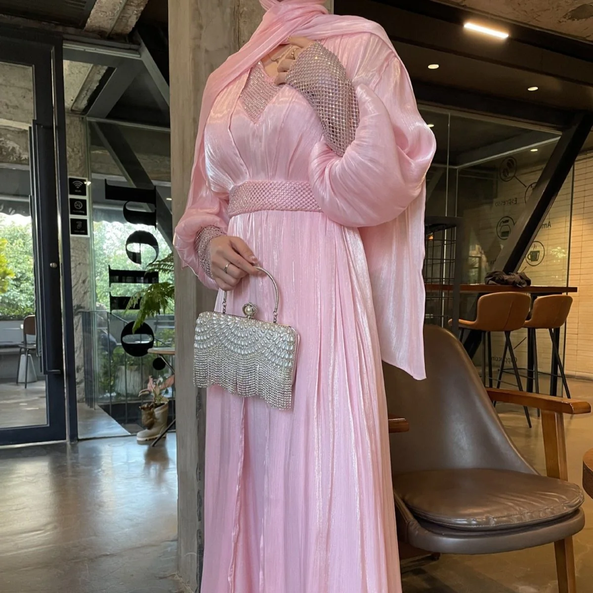 Crystal Mesh Embellished Abaya Set(MOA258) - Image 14