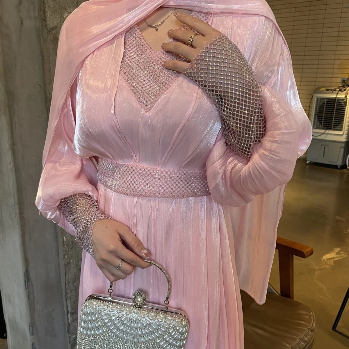 Crystal Mesh Embellished Abaya Set(MOA258) - Image 15