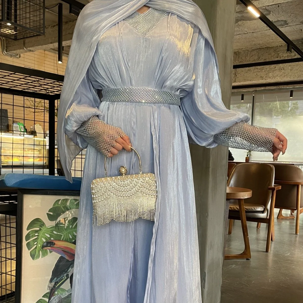 Crystal Mesh Embellished Abaya Set(MOA258) - Image 17
