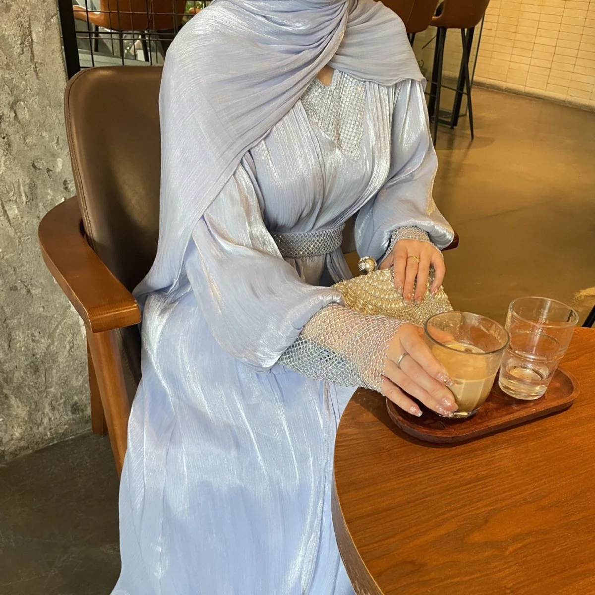 Crystal Mesh Embellished Abaya Set(MOA258) - Image 18