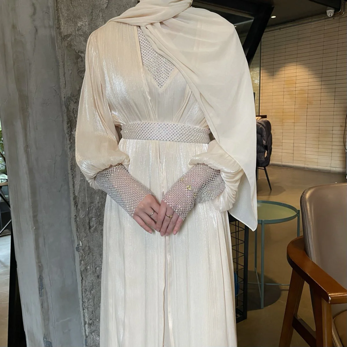 Crystal Mesh Embellished Abaya Set(MOA258) - Image 2