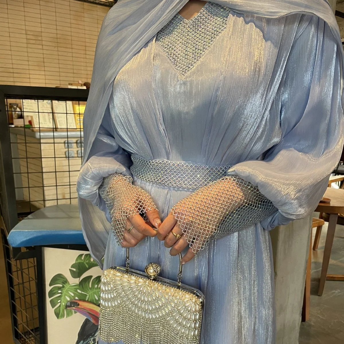 Crystal Mesh Embellished Abaya Set(MOA258) - Image 3