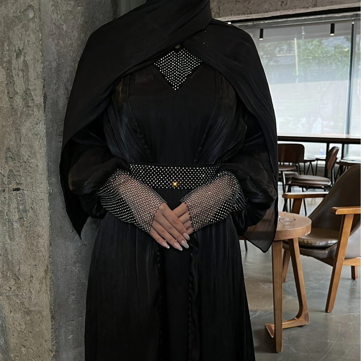 Crystal Mesh Embellished Abaya Set(MOA258) - Image 5