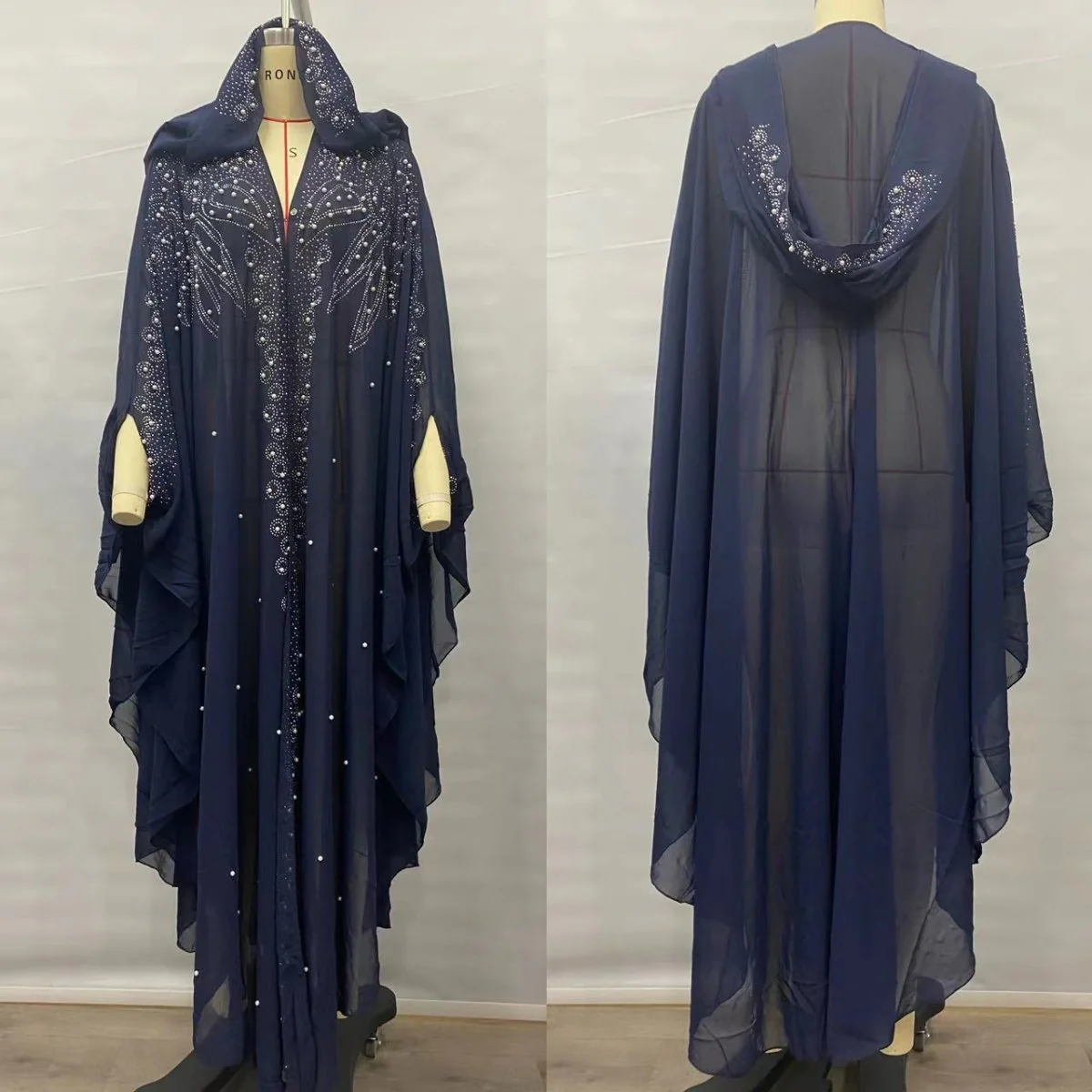 Crystal & Pearl Embellished Hooded Cape Abaya (MA366) - Image 10