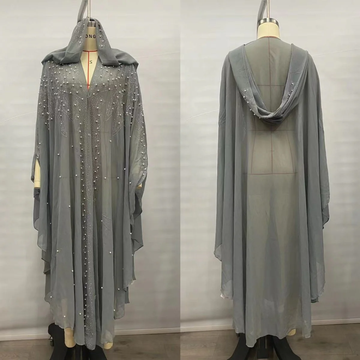 Crystal & Pearl Embellished Hooded Cape Abaya (MA366) - Image 11