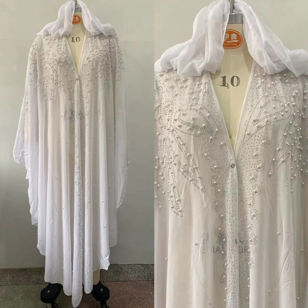 Crystal & Pearl Embellished Hooded Cape Abaya (MA366) - Image 12
