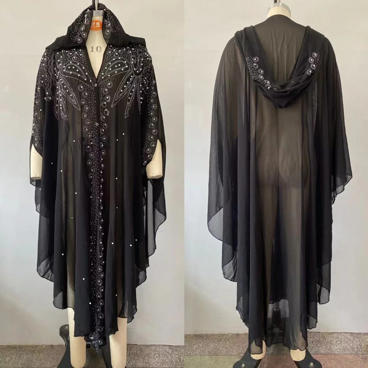 Crystal & Pearl Embellished Hooded Cape Abaya (MA366) - Image 13
