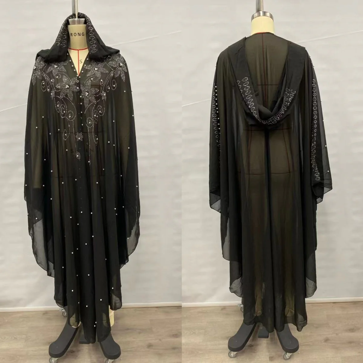 Crystal & Pearl Embellished Hooded Cape Abaya (MA366) - Image 14
