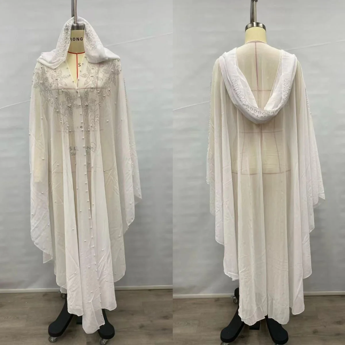 Crystal & Pearl Embellished Hooded Cape Abaya (MA366) - Image 16