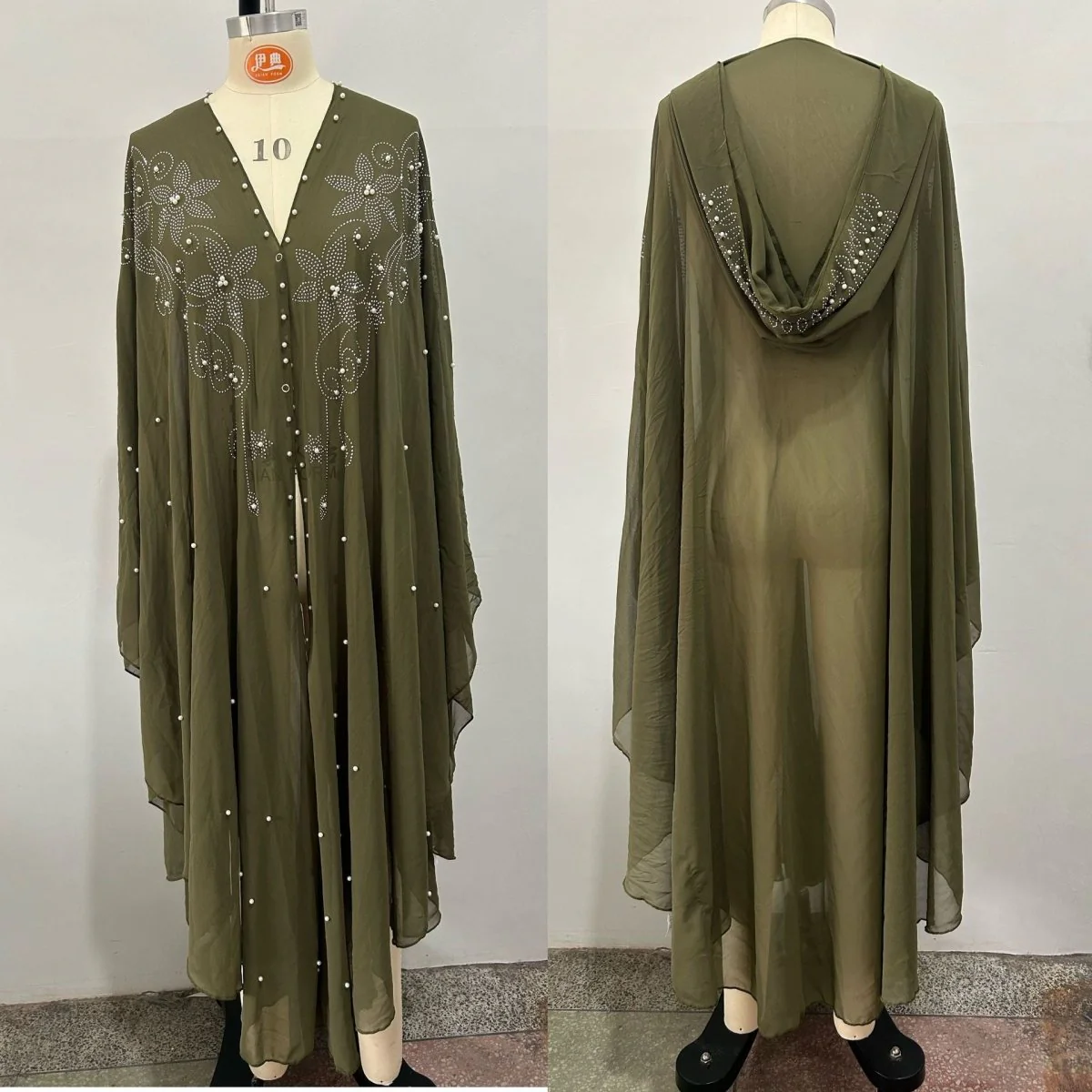 Crystal & Pearl Embellished Hooded Cape Abaya (MA366) - Image 17