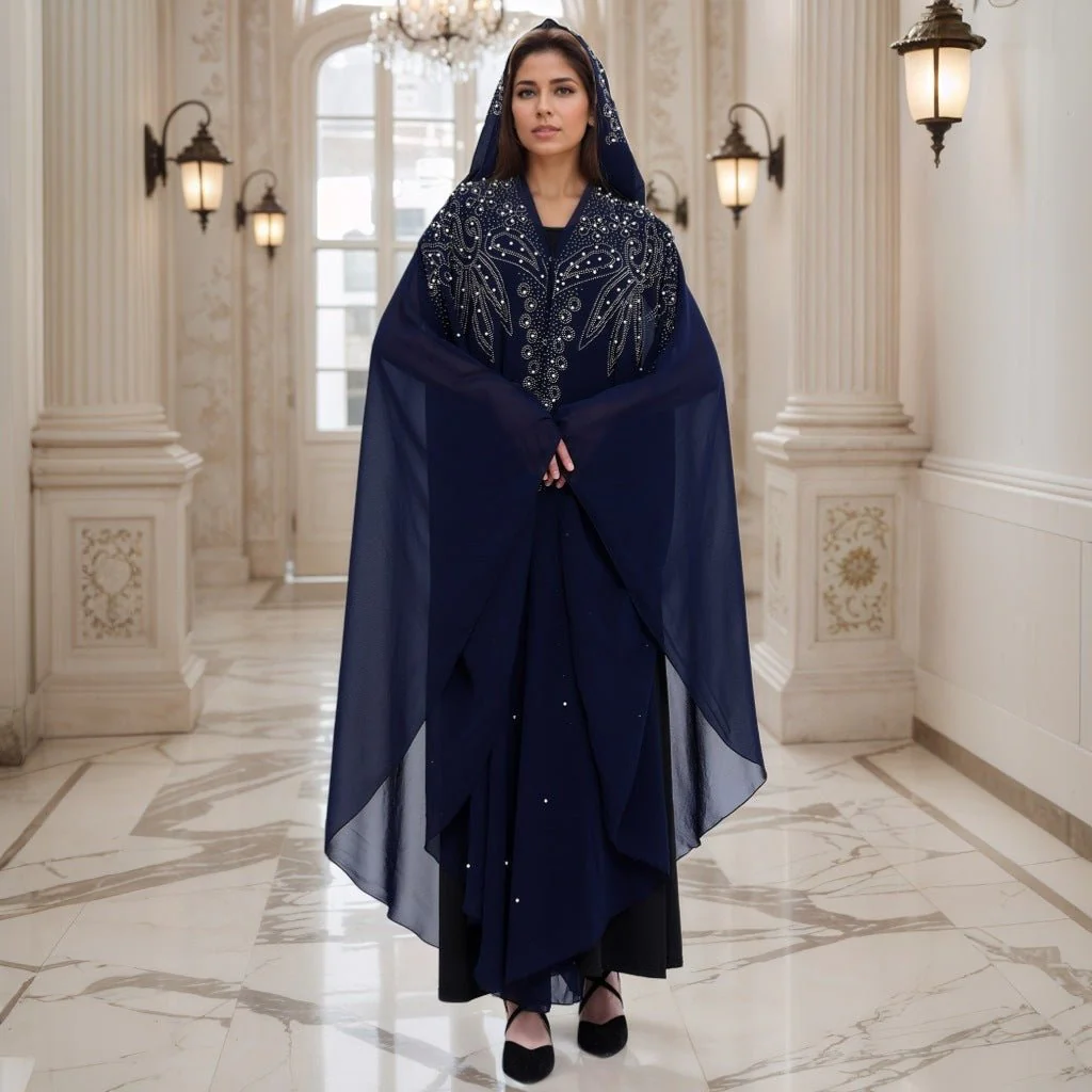 Crystal & Pearl Embellished Hooded Cape Abaya (MA366) - Image 2