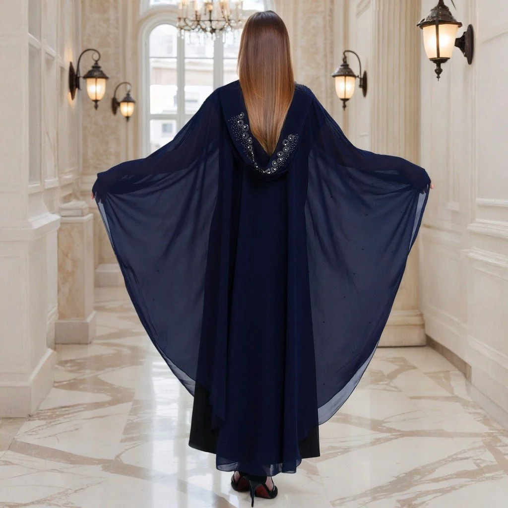 Crystal & Pearl Embellished Hooded Cape Abaya (MA366) - Image 3