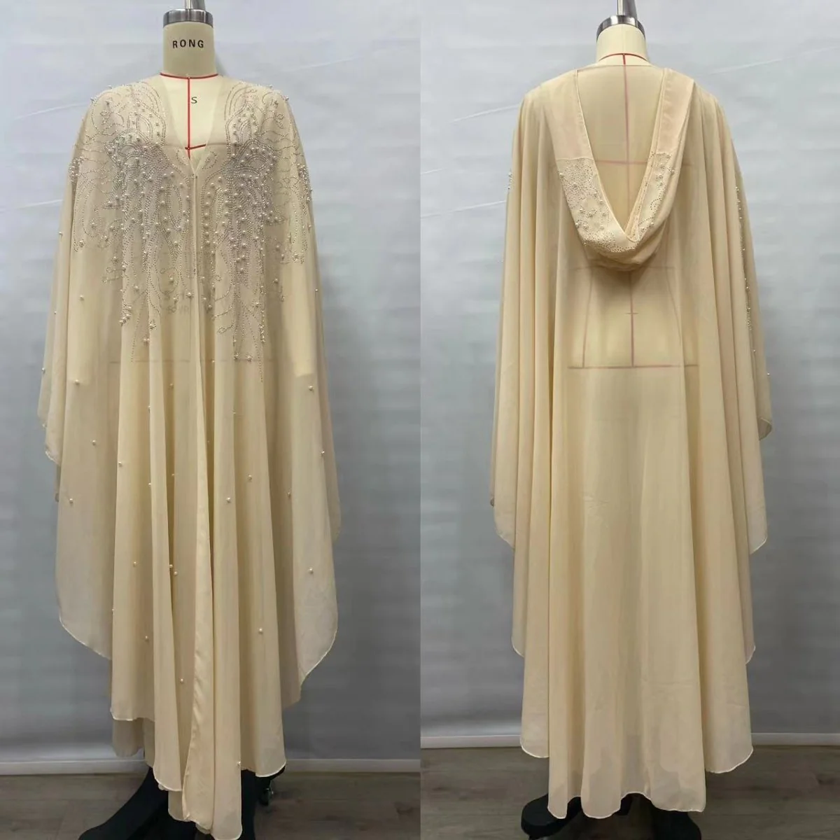 Crystal & Pearl Embellished Hooded Cape Abaya (MA366) - Image 4