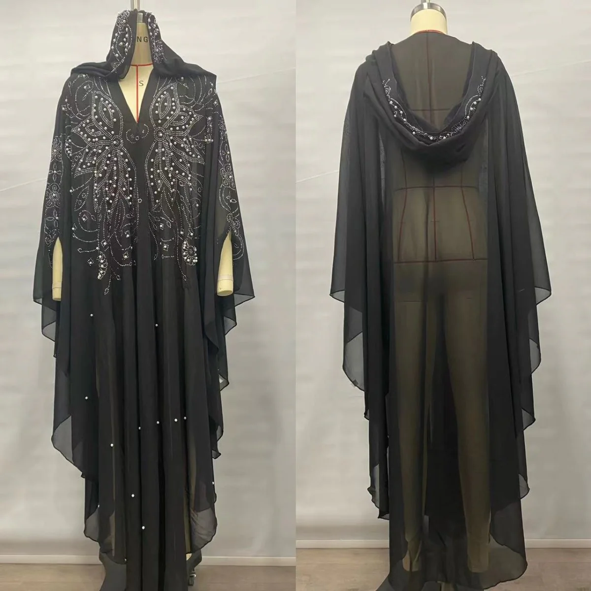 Crystal & Pearl Embellished Hooded Cape Abaya (MA366) - Image 5