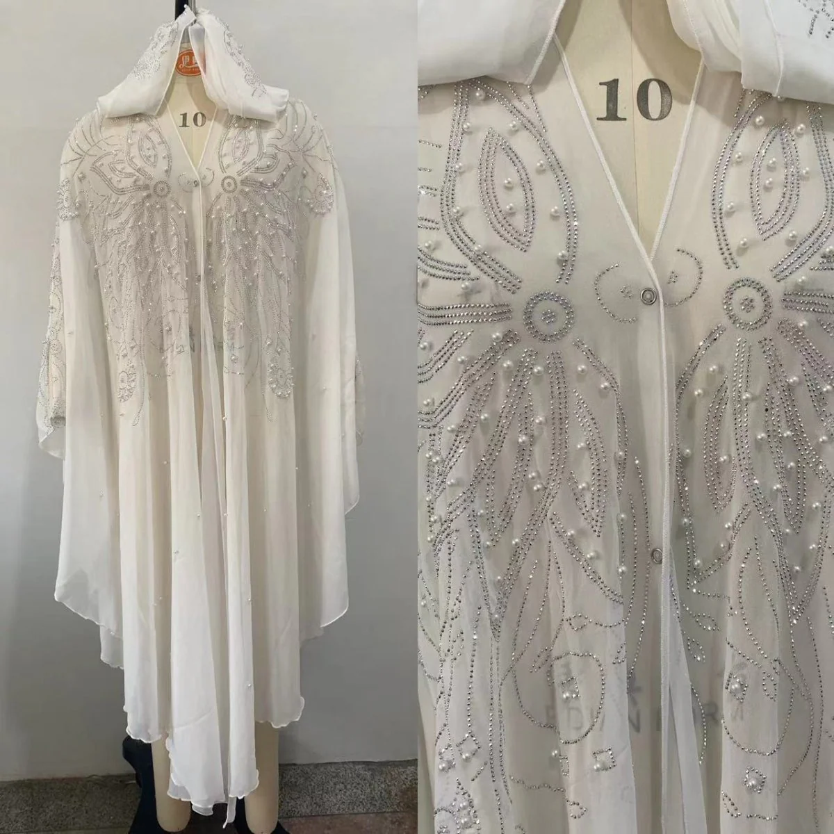 Crystal & Pearl Embellished Hooded Cape Abaya (MA366) - Image 6