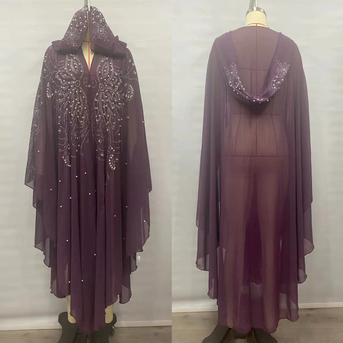 Crystal & Pearl Embellished Hooded Cape Abaya (MA366) - Image 7