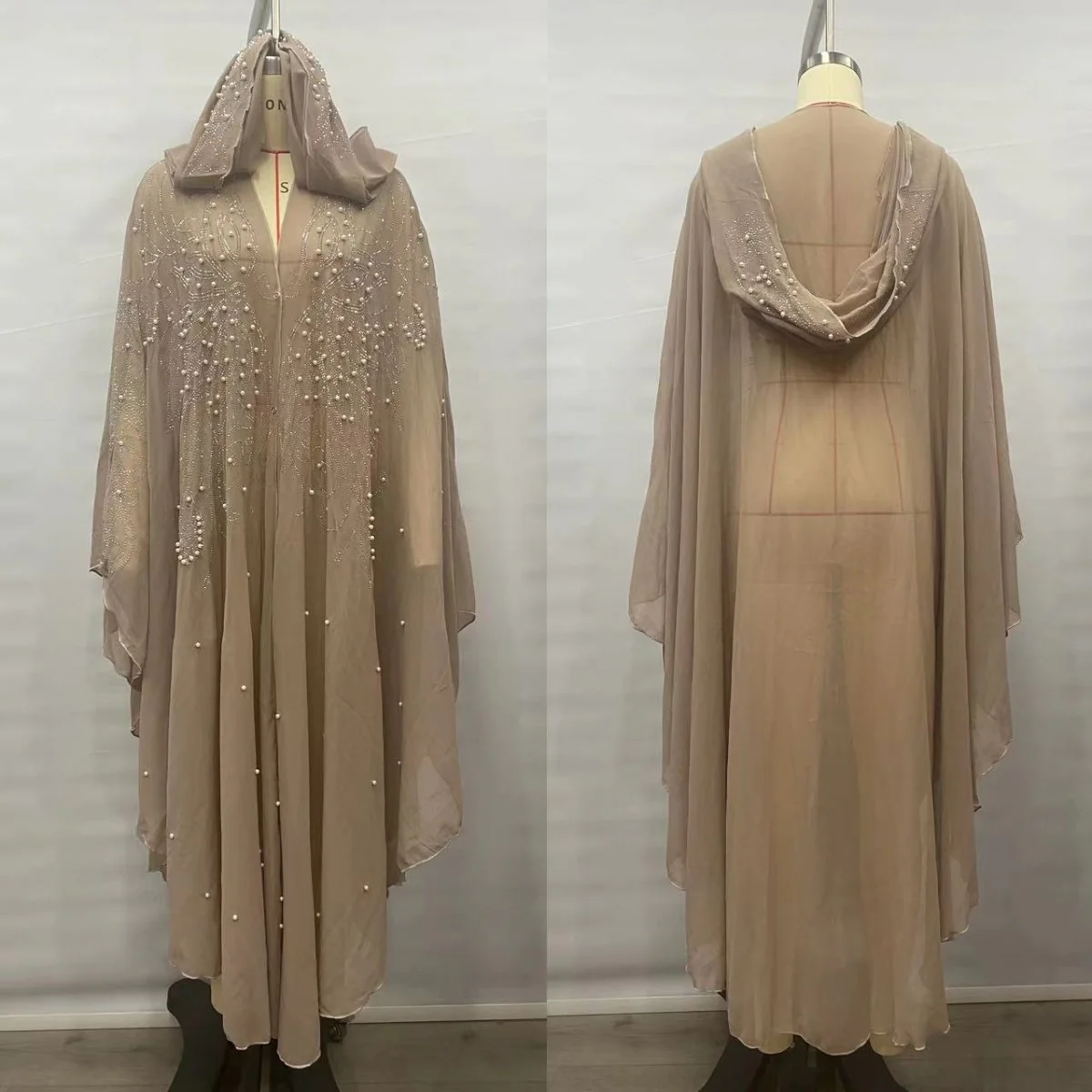 Crystal & Pearl Embellished Hooded Cape Abaya (MA366) - Image 8