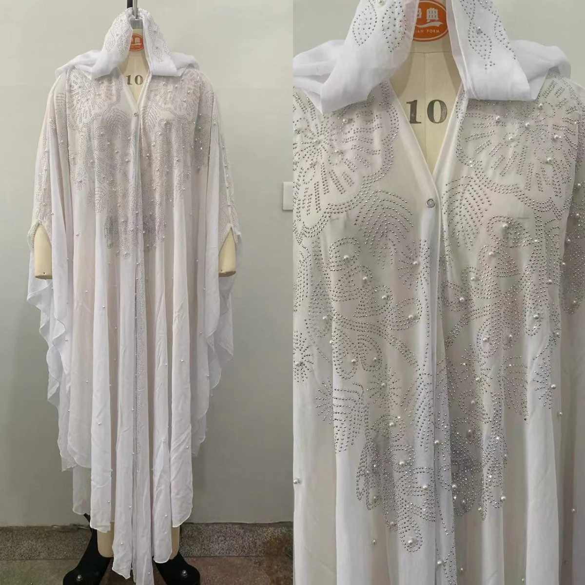 Crystal & Pearl Embellished Hooded Cape Abaya (MA366) - Image 9
