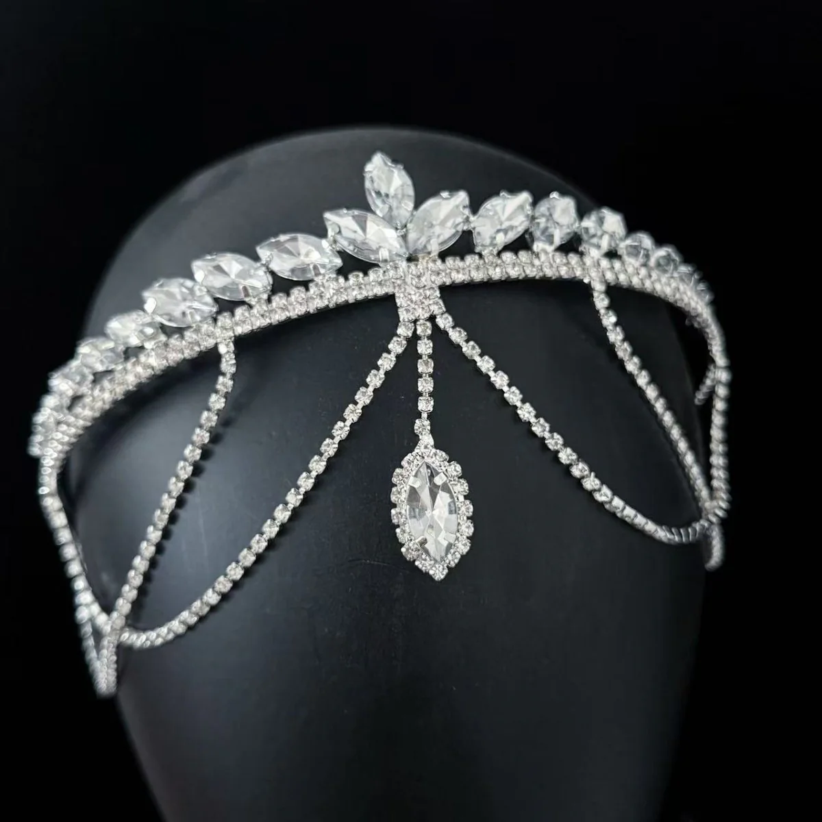 Crystal Tiara Headband with Cascading Forehead Chain (MAC330) - Image 2