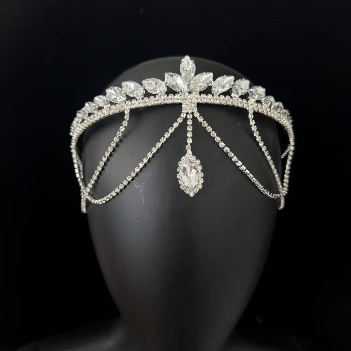 Crystal Tiara Headband with Cascading Forehead Chain (MAC330) - Image 4
