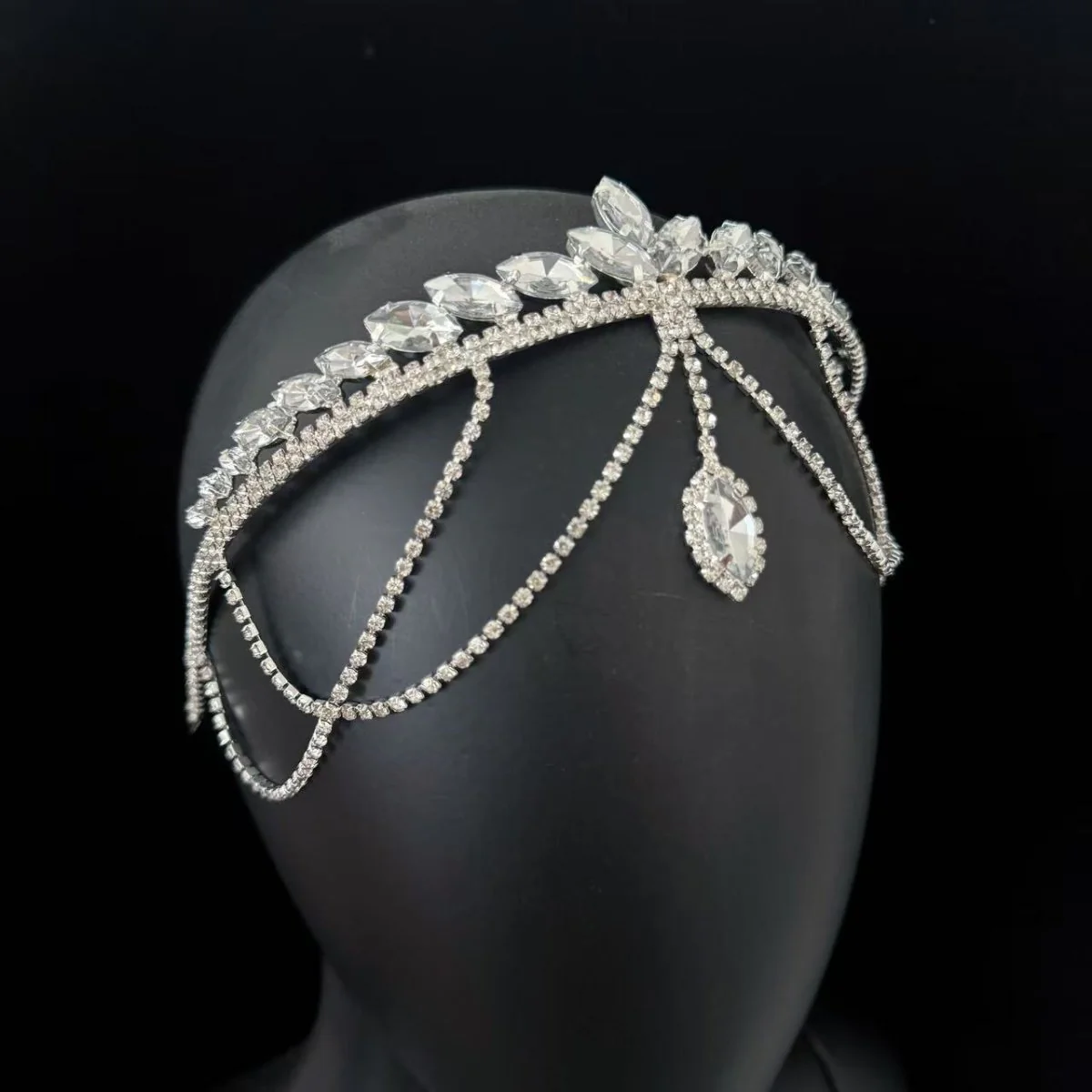 Crystal Tiara Headband with Cascading Forehead Chain (MAC330) - Image 6