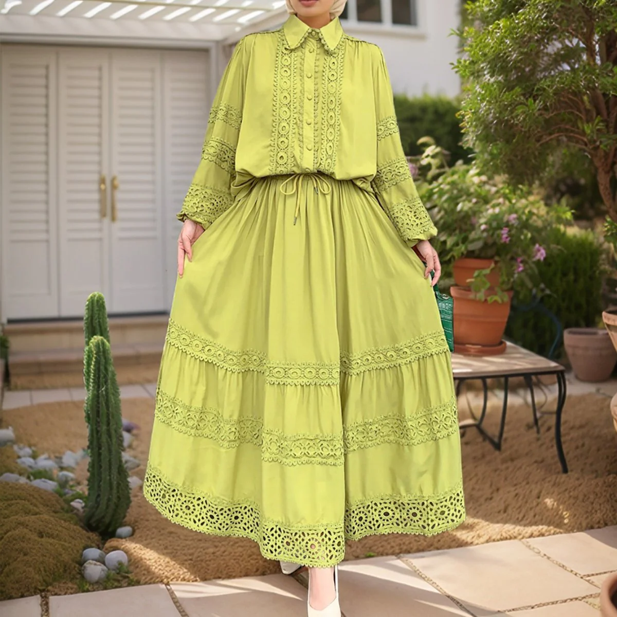 Cutwork Lace Blouse & Tiered Maxi Skirt Set (MS375) - Image 12