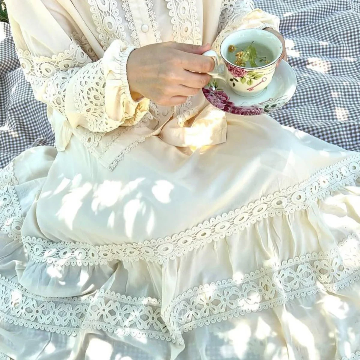 Cutwork Lace Blouse & Tiered Maxi Skirt Set (MS375) - Image 16