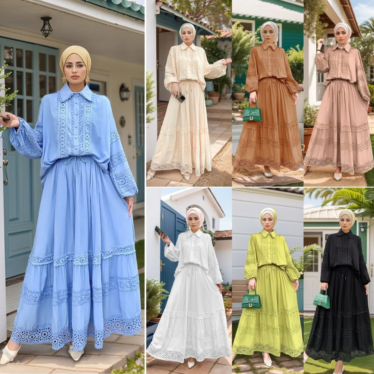 Cutwork Lace Blouse & Tiered Maxi Skirt Set (MS375) - Image 2