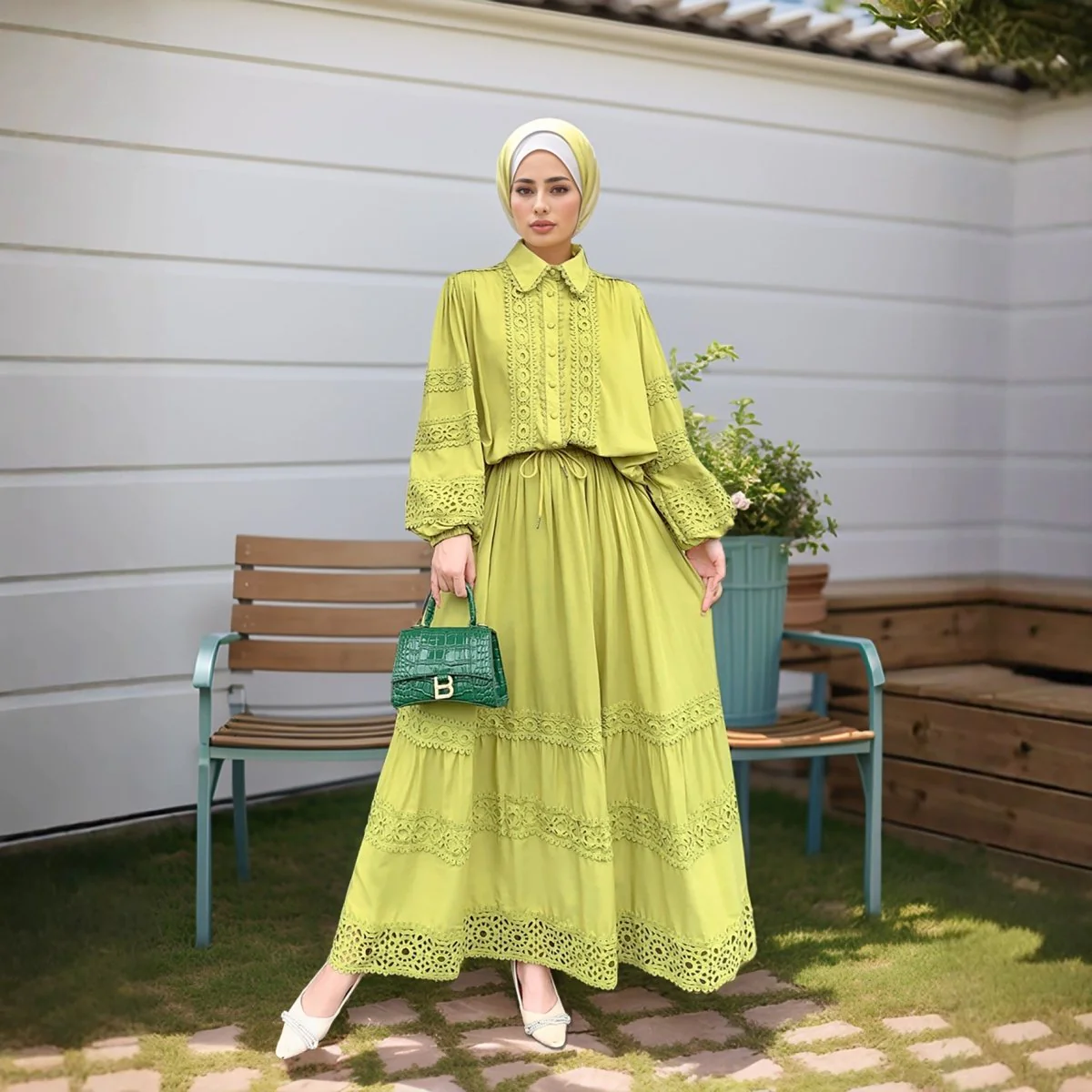Cutwork Lace Blouse & Tiered Maxi Skirt Set (MS375) - Image 3