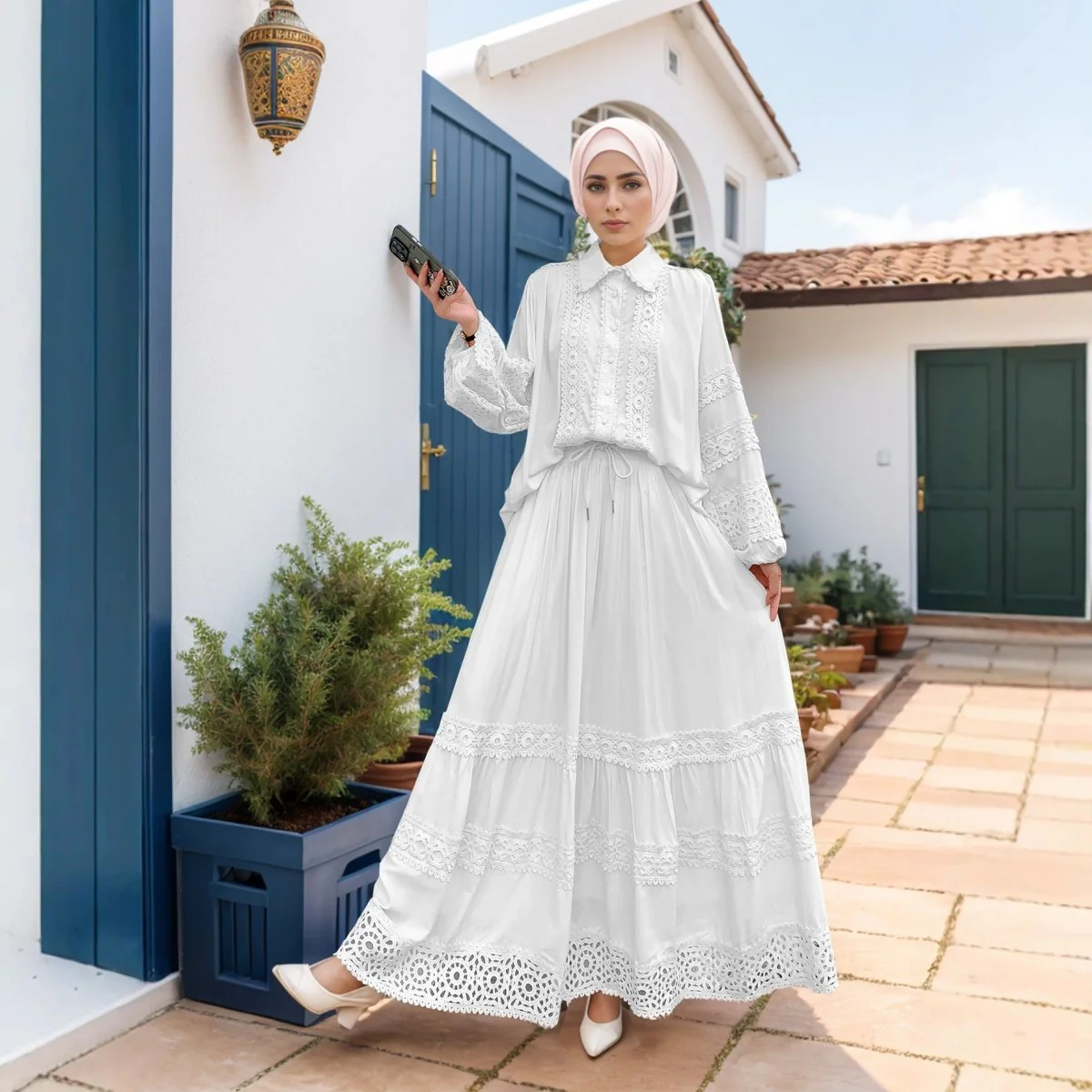 Cutwork Lace Blouse & Tiered Maxi Skirt Set (MS375) - Image 4