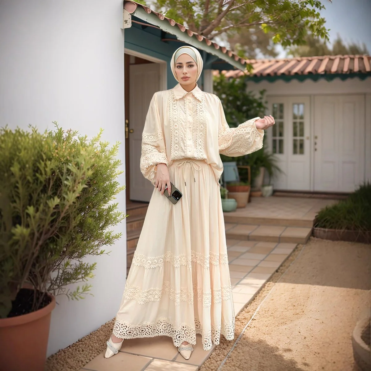 Cutwork Lace Blouse & Tiered Maxi Skirt Set (MS375) - Image 5