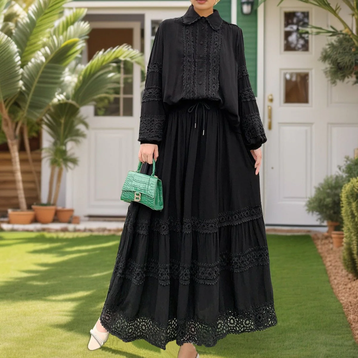 Cutwork Lace Blouse & Tiered Maxi Skirt Set (MS375) - Image 6