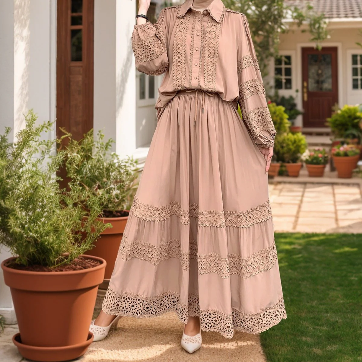 Cutwork Lace Blouse & Tiered Maxi Skirt Set (MS375) - Image 7