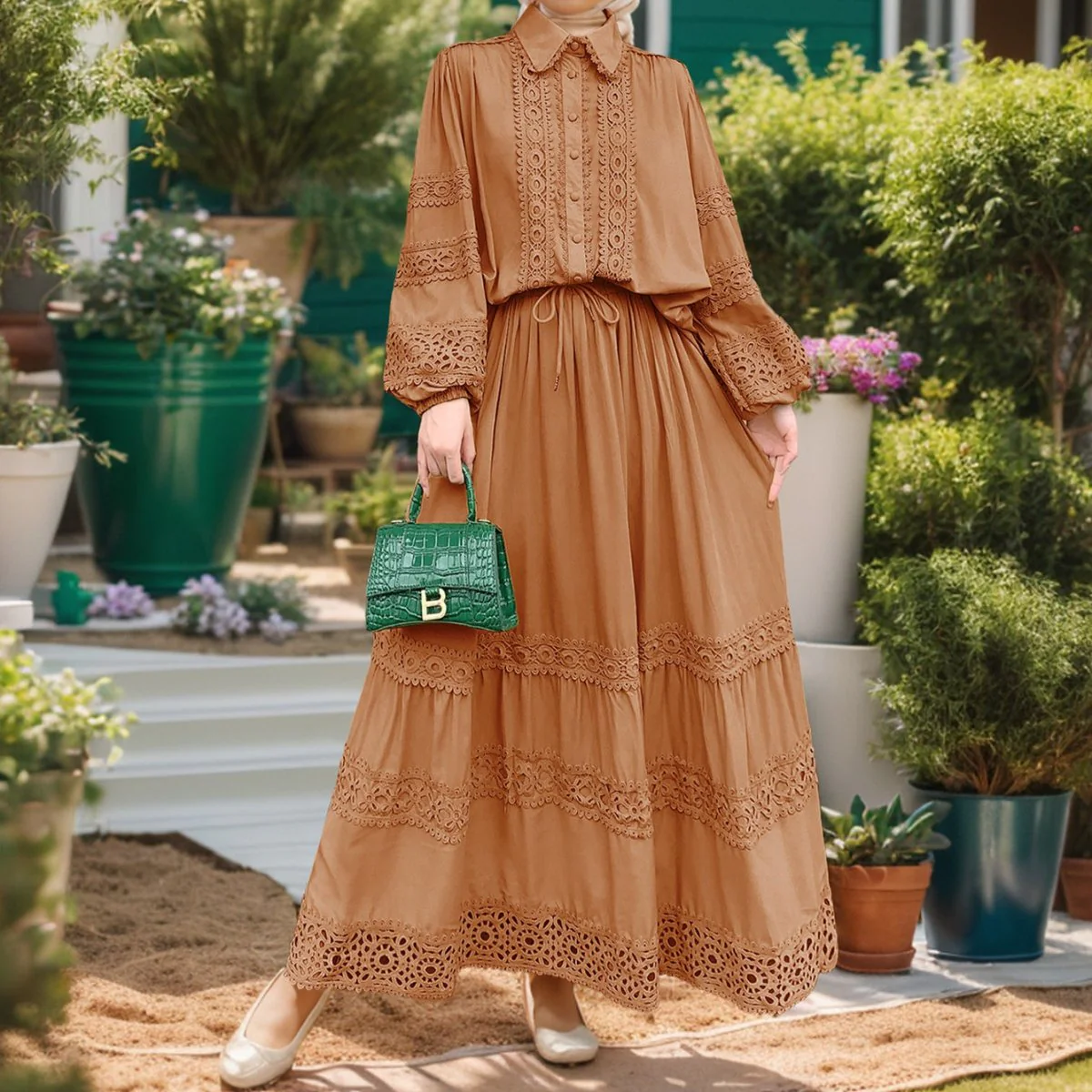 Cutwork Lace Blouse & Tiered Maxi Skirt Set (MS375) - Image 8