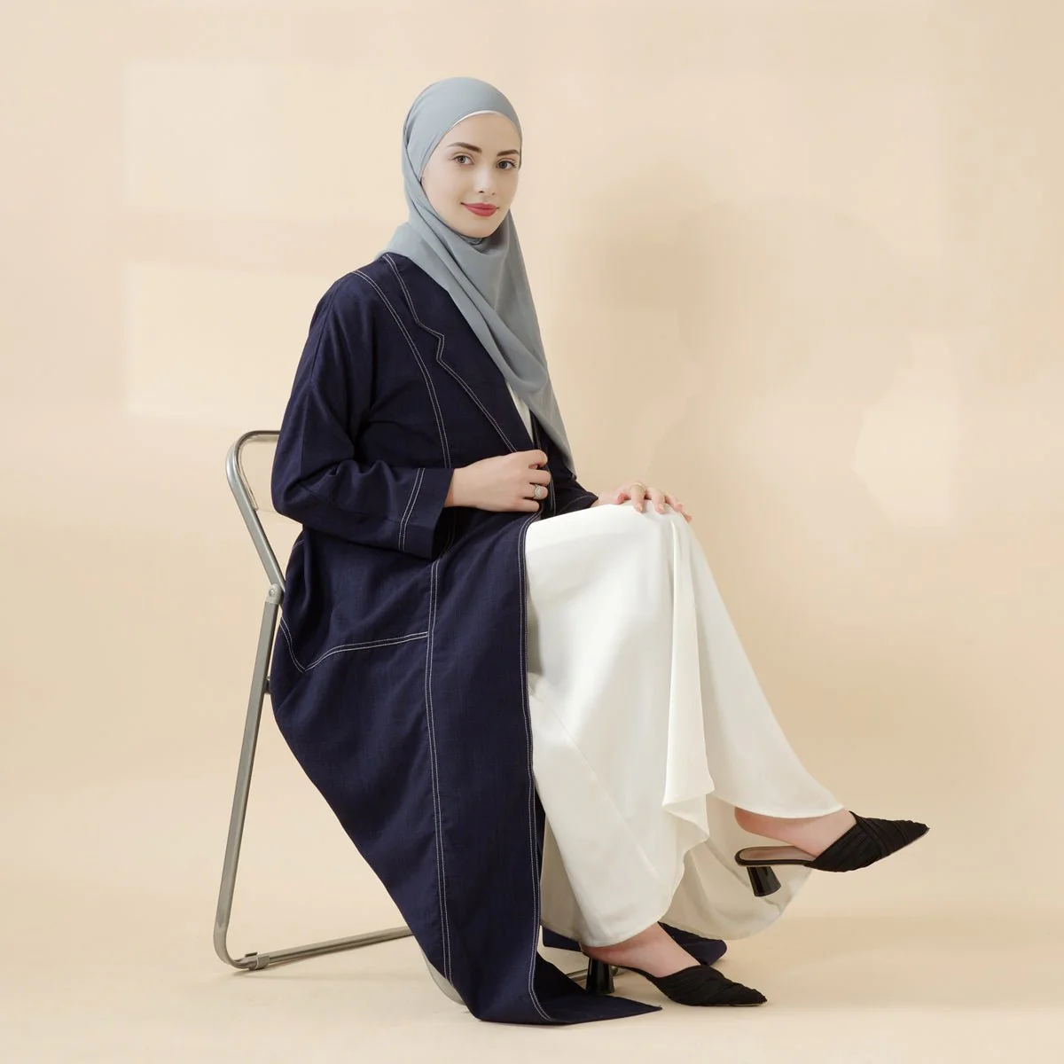 Denim Blue Open Abaya | Contrast Stitching Trench Coat Thin Denim Abaya (MOA121) - Image 3