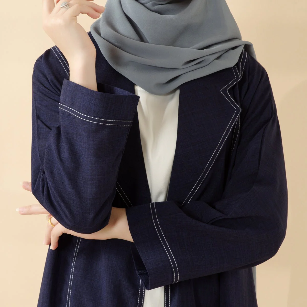 Denim Blue Open Abaya | Contrast Stitching Trench Coat Thin Denim Abaya (MOA121) - Image 4
