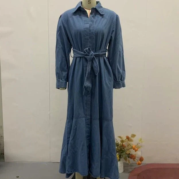 Denim Shirt Dress with Belt(MS330) - Image 3