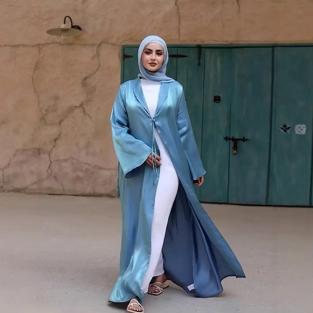 Desert Mirage Cardigan Abaya | Blue-Green Ombre Silk Abaya with Bell Sleeves (MOA204) - Image 2