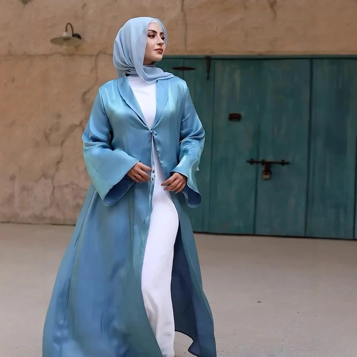 Desert Mirage Cardigan Abaya | Blue-Green Ombre Silk Abaya with Bell Sleeves (MOA204) - Image 3