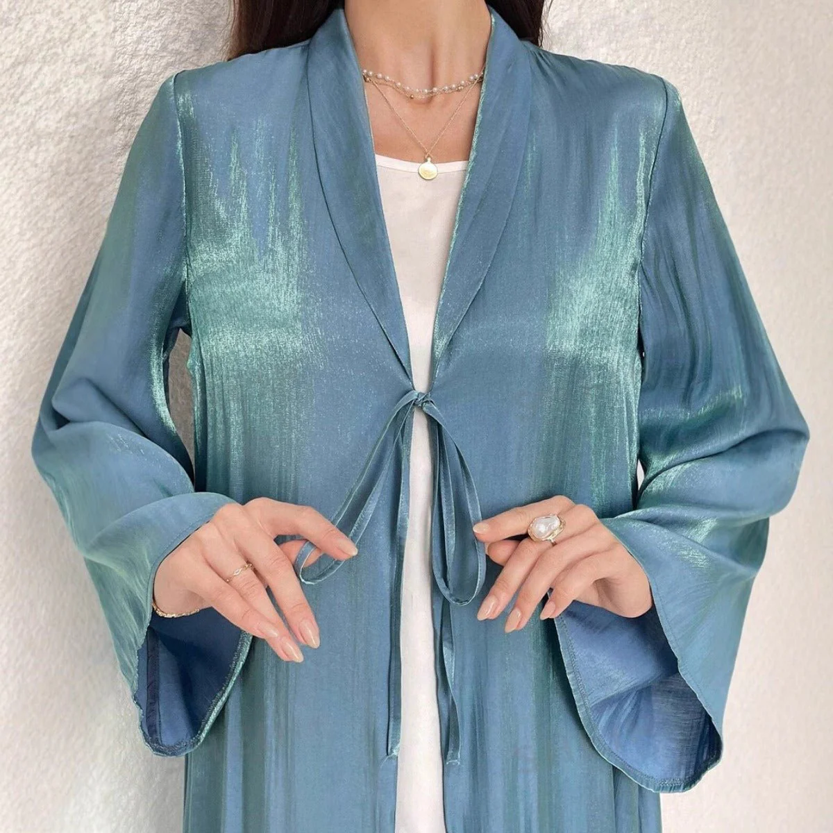 Desert Mirage Cardigan Abaya | Blue-Green Ombre Silk Abaya with Bell Sleeves (MOA204) - Image 4
