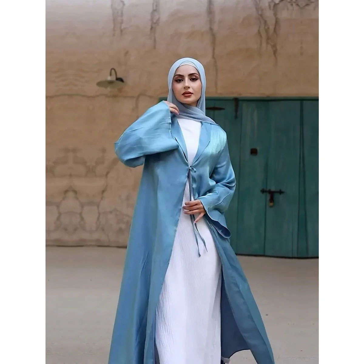 Desert Mirage Cardigan Abaya | Blue-Green Ombre Silk Abaya with Bell Sleeves (MOA204) - Image 5