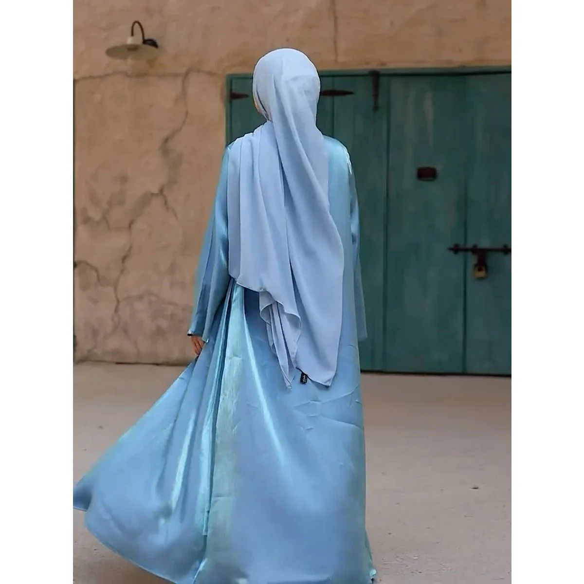 Desert Mirage Cardigan Abaya | Blue-Green Ombre Silk Abaya with Bell Sleeves (MOA204) - Image 7