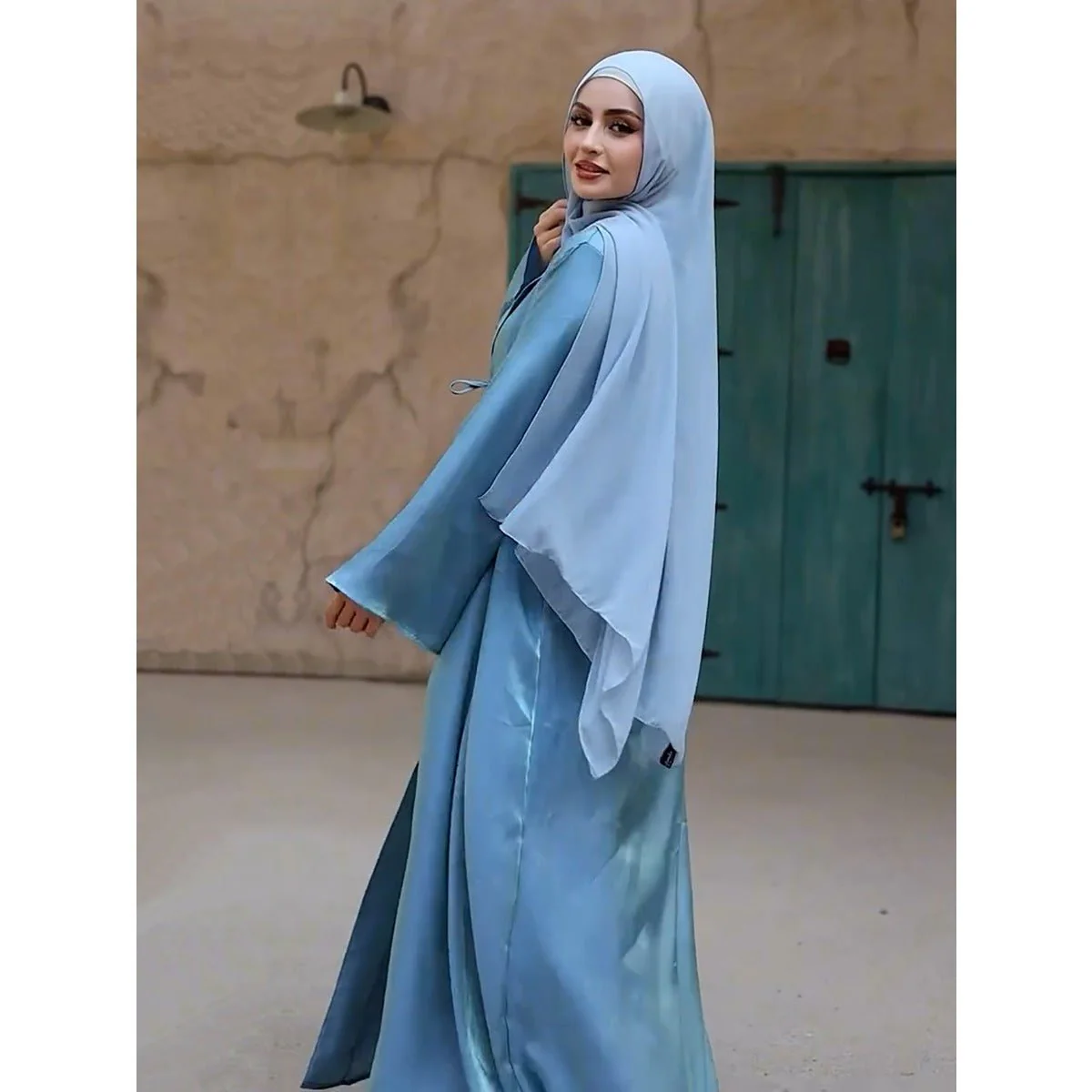 Desert Mirage Cardigan Abaya | Blue-Green Ombre Silk Abaya with Bell Sleeves (MOA204) - Image 8