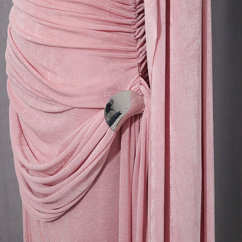 Diagonal Ruched Cape Gown | Asymmetric Draped Long Sleeve Maxi Dress(MS222) - Image 11