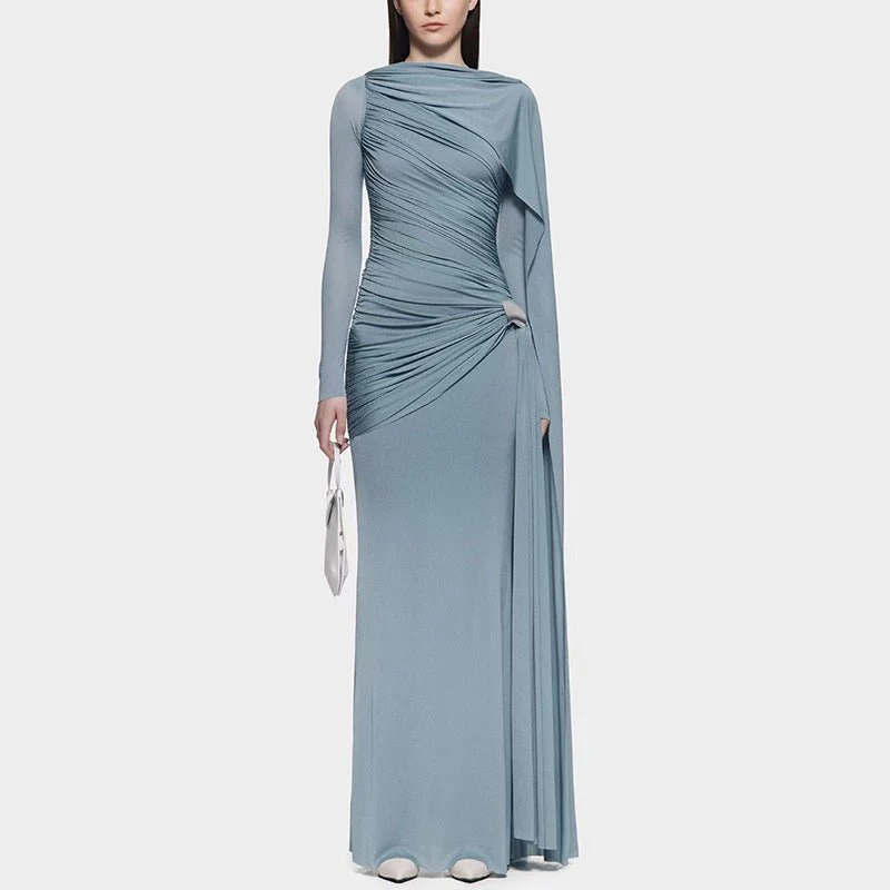 Diagonal Ruched Cape Gown | Asymmetric Draped Long Sleeve Maxi Dress(MS222) - Image 12